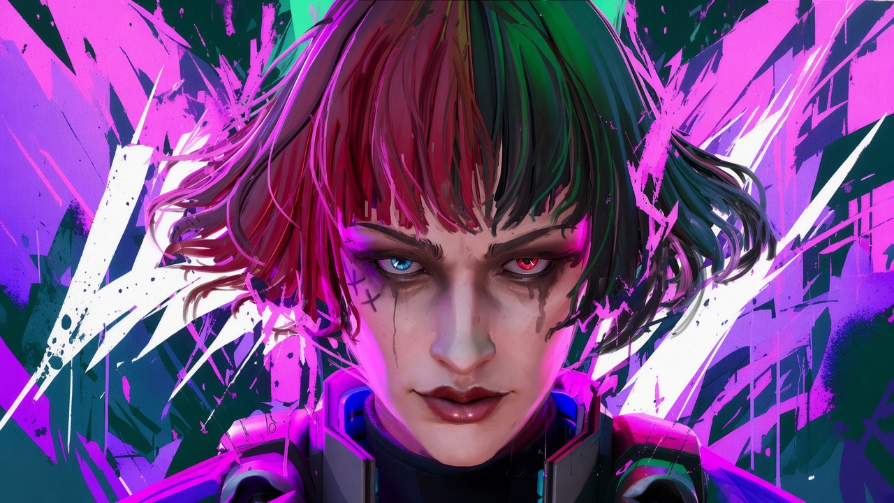 Fragpunk character portrait on a neon pink and purple graffiti-style hero banner